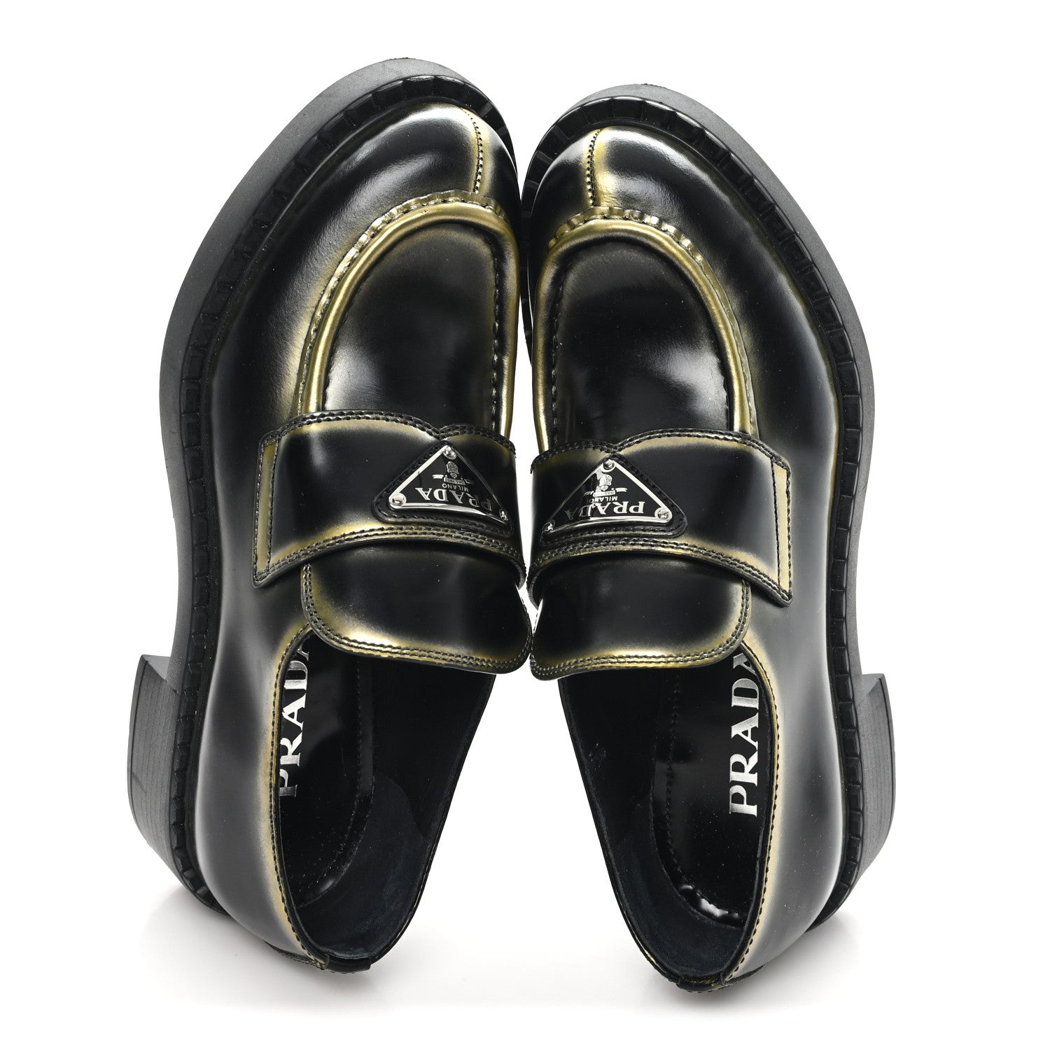 Prada Spazzolato Sfumato Metal Triangle Logo 50mm Loafers 36 Black Platino 2 of 10