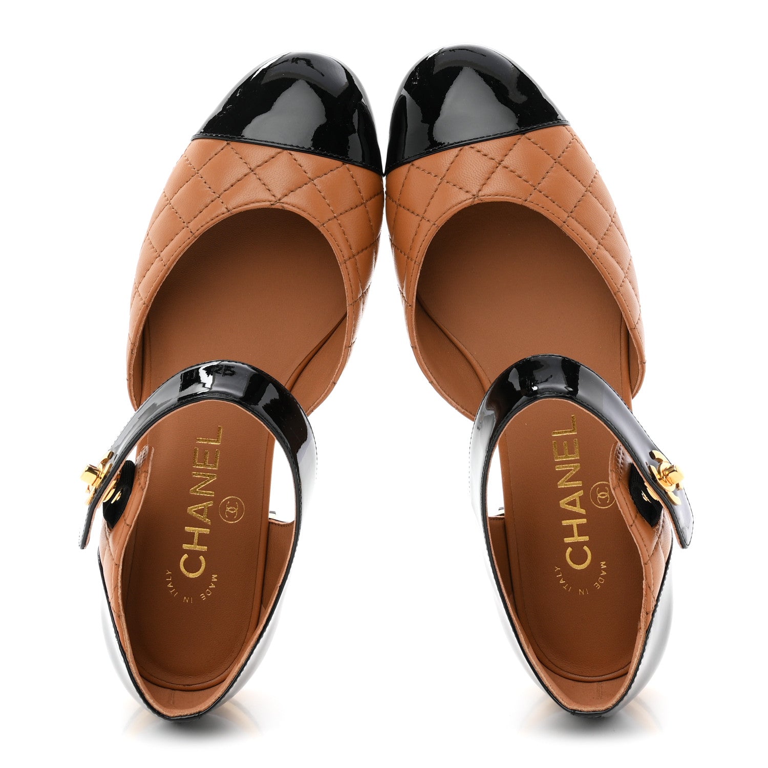 Chanel Patent Lambskin Quilted Cap Toe Ballerina Flats 36 Light Brown Black 2 of 10