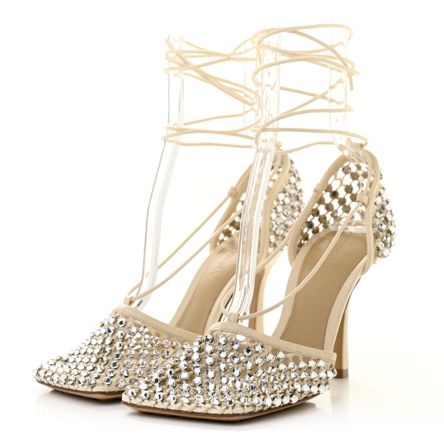 Mesh Nappa Crystal Embellished Sparkle Stretch Ankle Tie Sandals 38 Toile