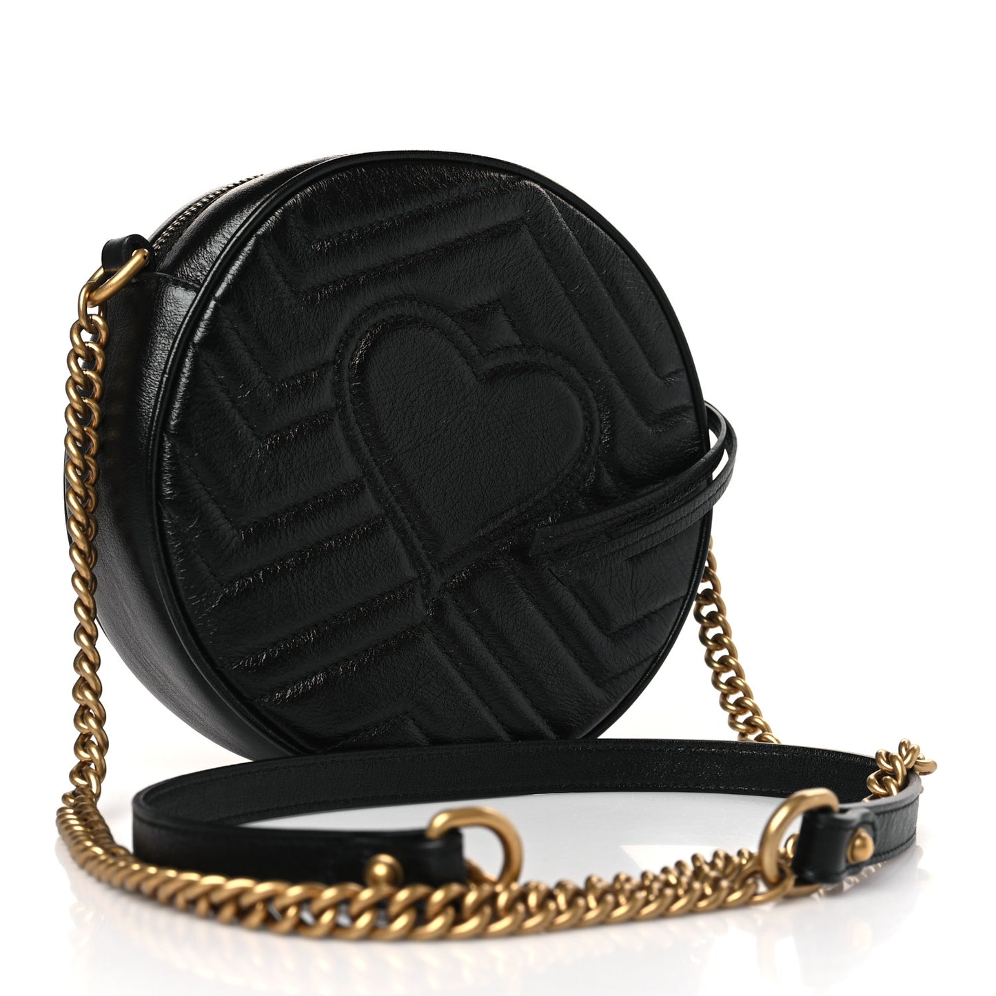 Azalea Calfskin Matelasse Heart Mini GG Marmont Round Shoulder Bag Black