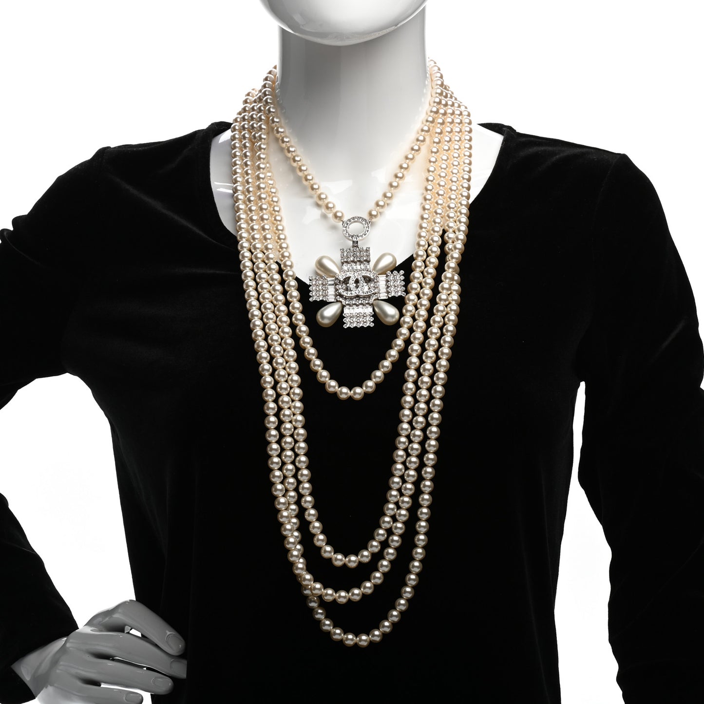 Pearl Crystal Baguette Double Strand CC Necklace Silver
