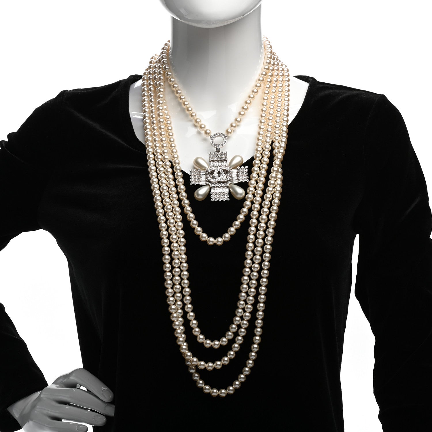 Chanel Pearl Crystal Baguette Double Strand CC Necklace Silver 2 of 5