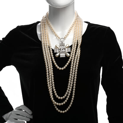 Chanel Pearl Crystal Baguette Double Strand CC Necklace Silver 2 of 5