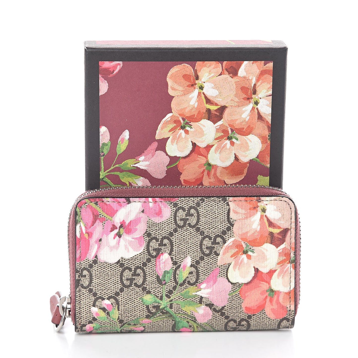 GG Supreme Monogram Blooms Zip Around Card Case Wallet Beige Multicolor Dry Rose