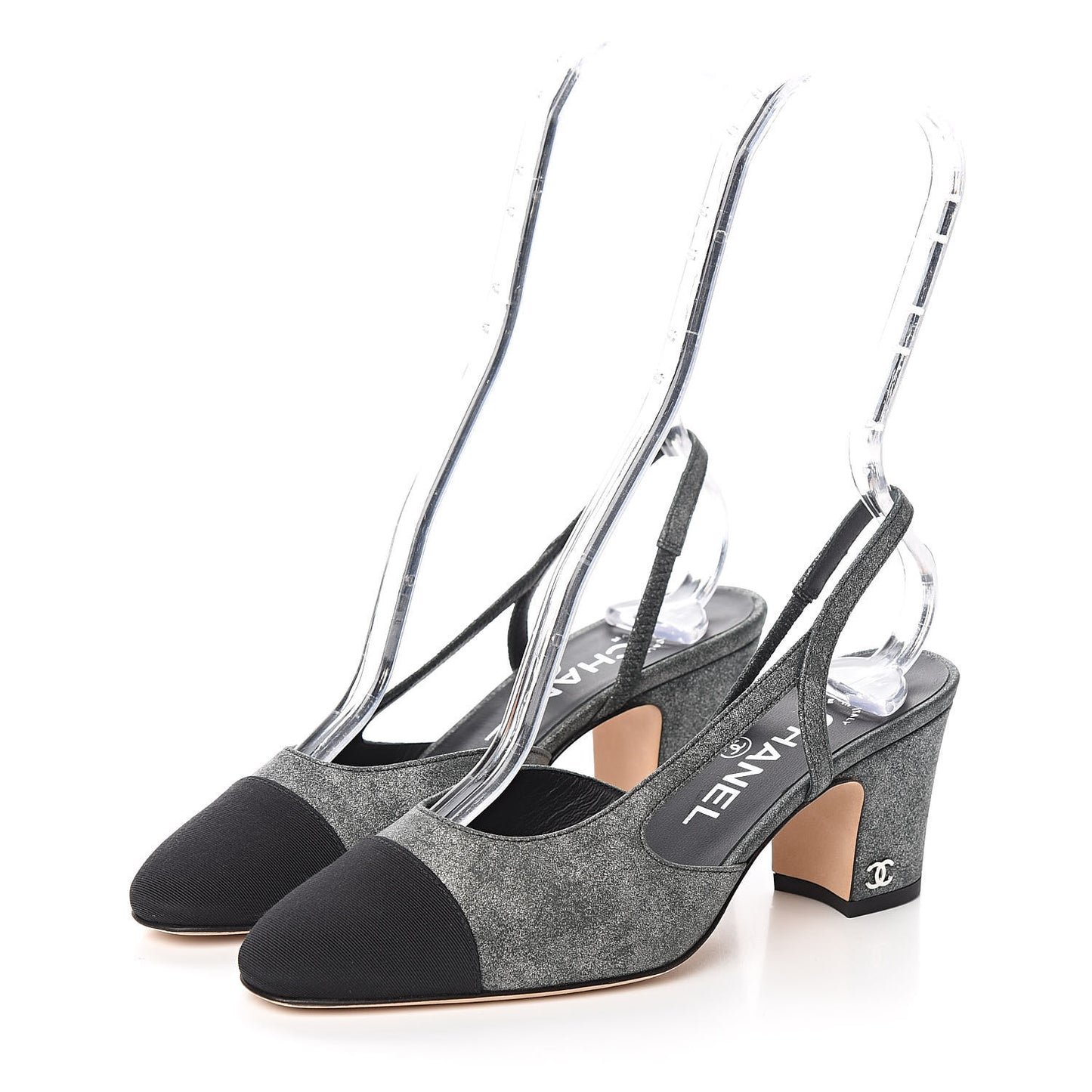 Lambskin Grosgrain Cap Toe CC Slingback Sandals 35 Black Silver