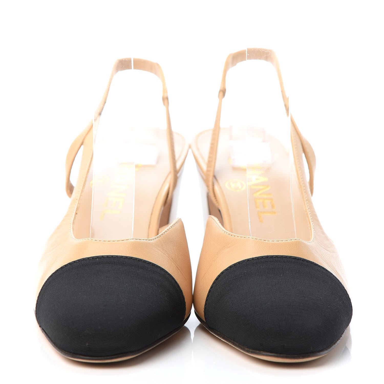 Chanel Goatskin Grosgrain Cap Toe CC Slingback Pumps 35.5 Beige Black 3 of 7