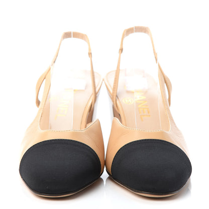 Chanel Goatskin Grosgrain Cap Toe CC Slingback Pumps 35.5 Beige Black 3 of 7