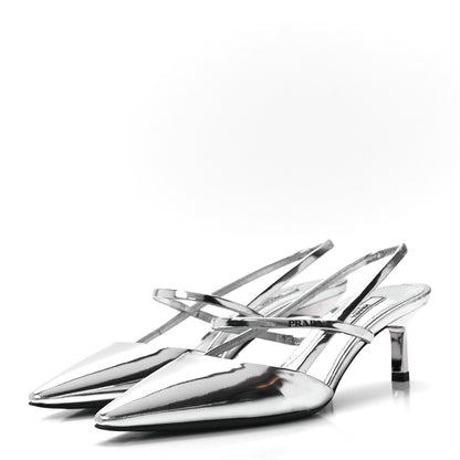 Prada Metallic Calfskin Pointed Toe 55mm Slingback Pumps 38 Argento 3 of 7
