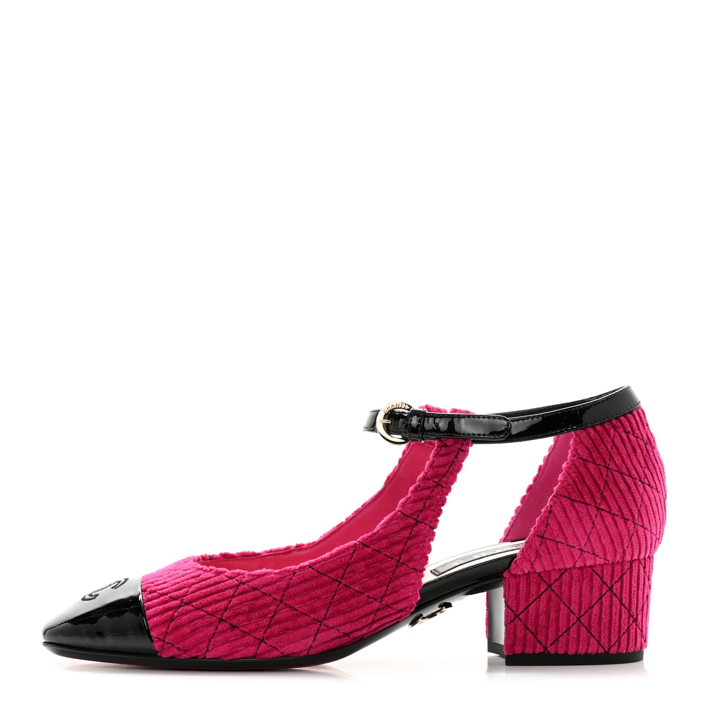 Corduroy Patent Calfskin Cap Toe Quilted Mary Jane Flats 39.5 Fuchsia Black