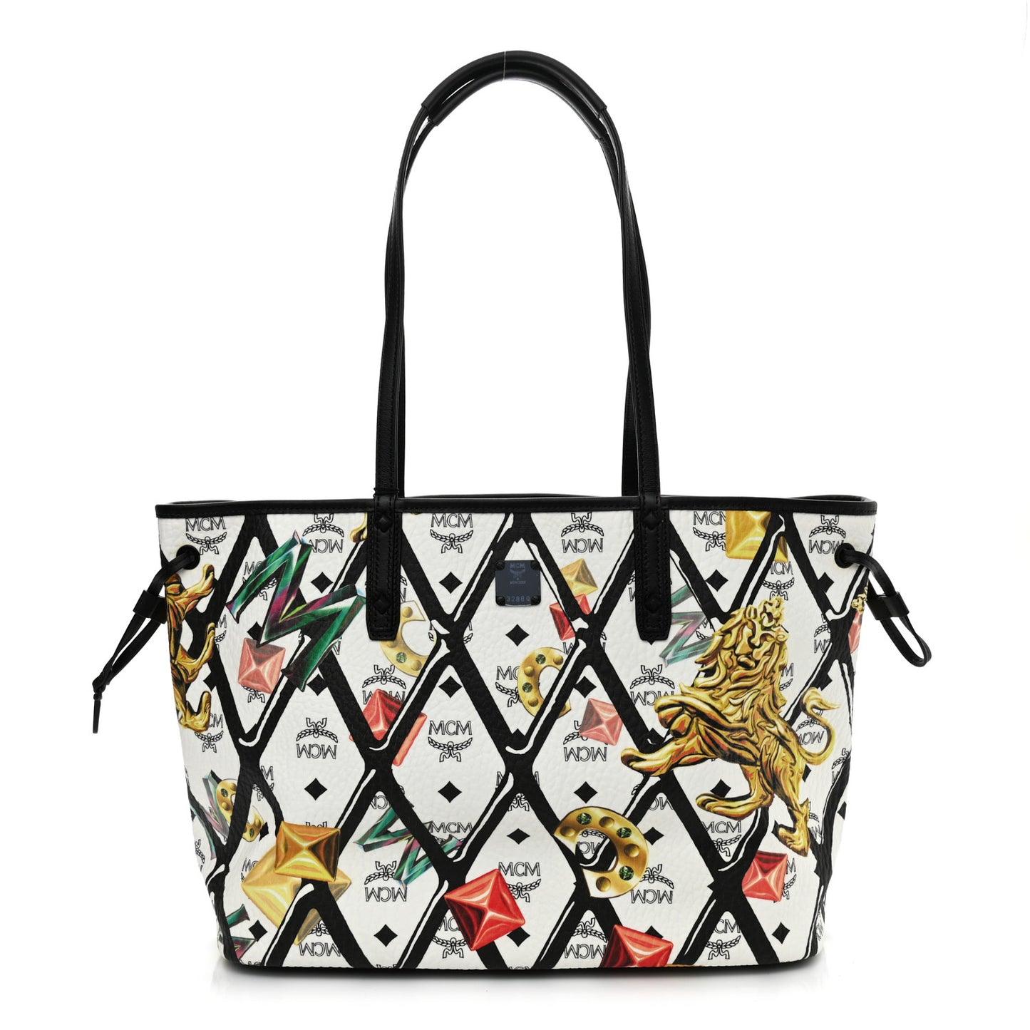 Visetos Calfskin Motif Rombi Lion Printed Reversible Shopper Tote White