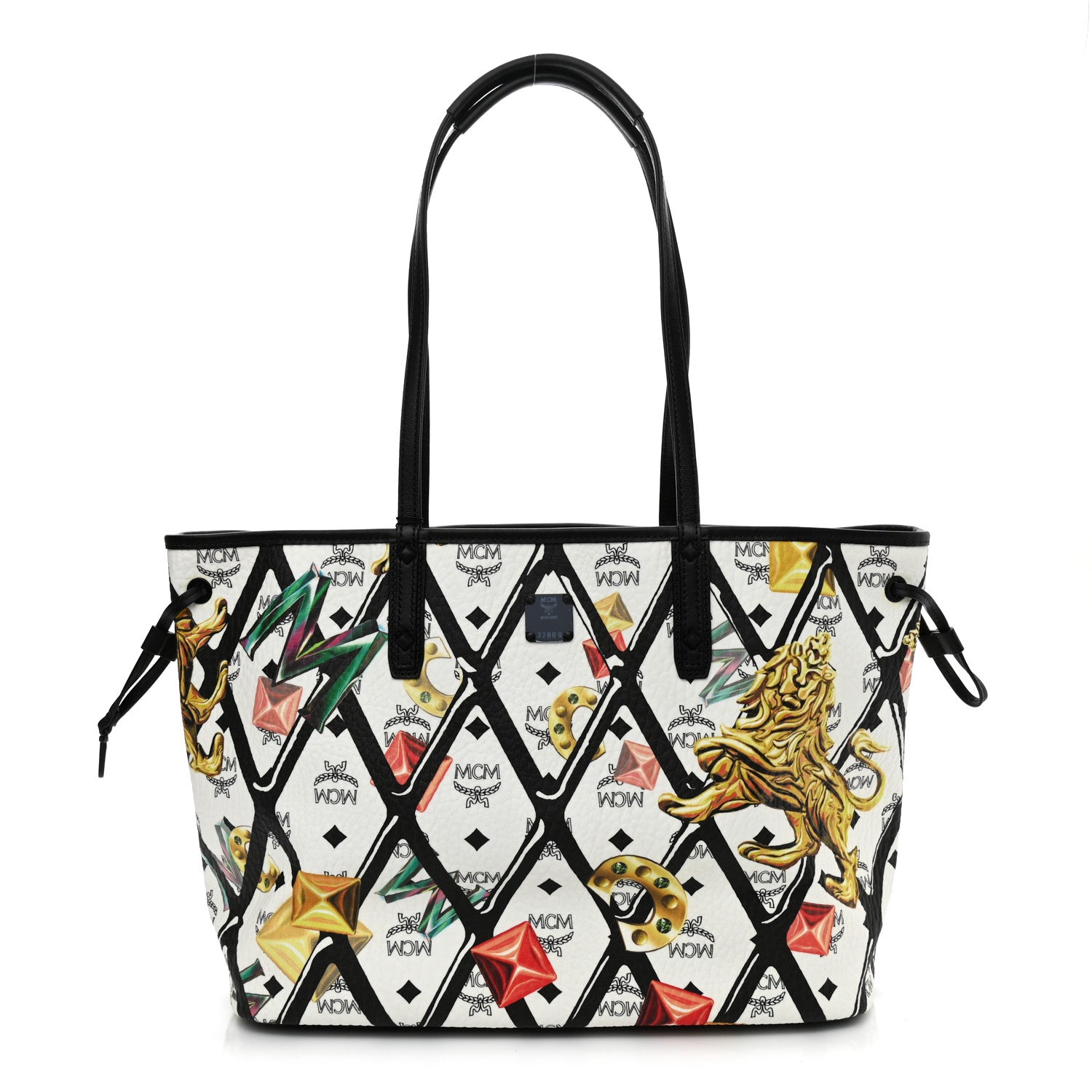 MCM Visetos Calfskin Motif Rombi Lion Printed Reversible Shopper Tote White 3 of 16