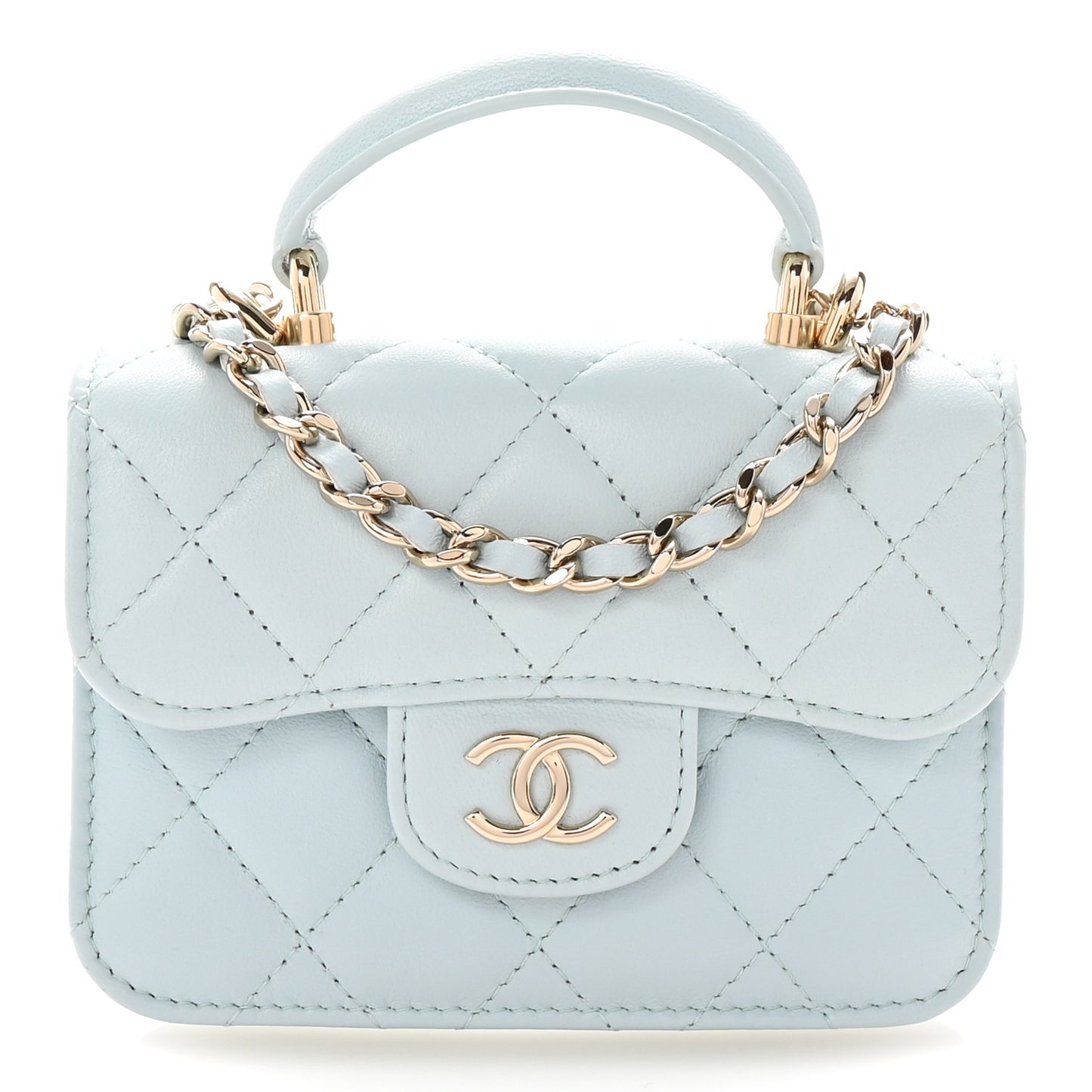 Lambskin Quilted Top Handle Flap Clutch With Chain Light Blue
