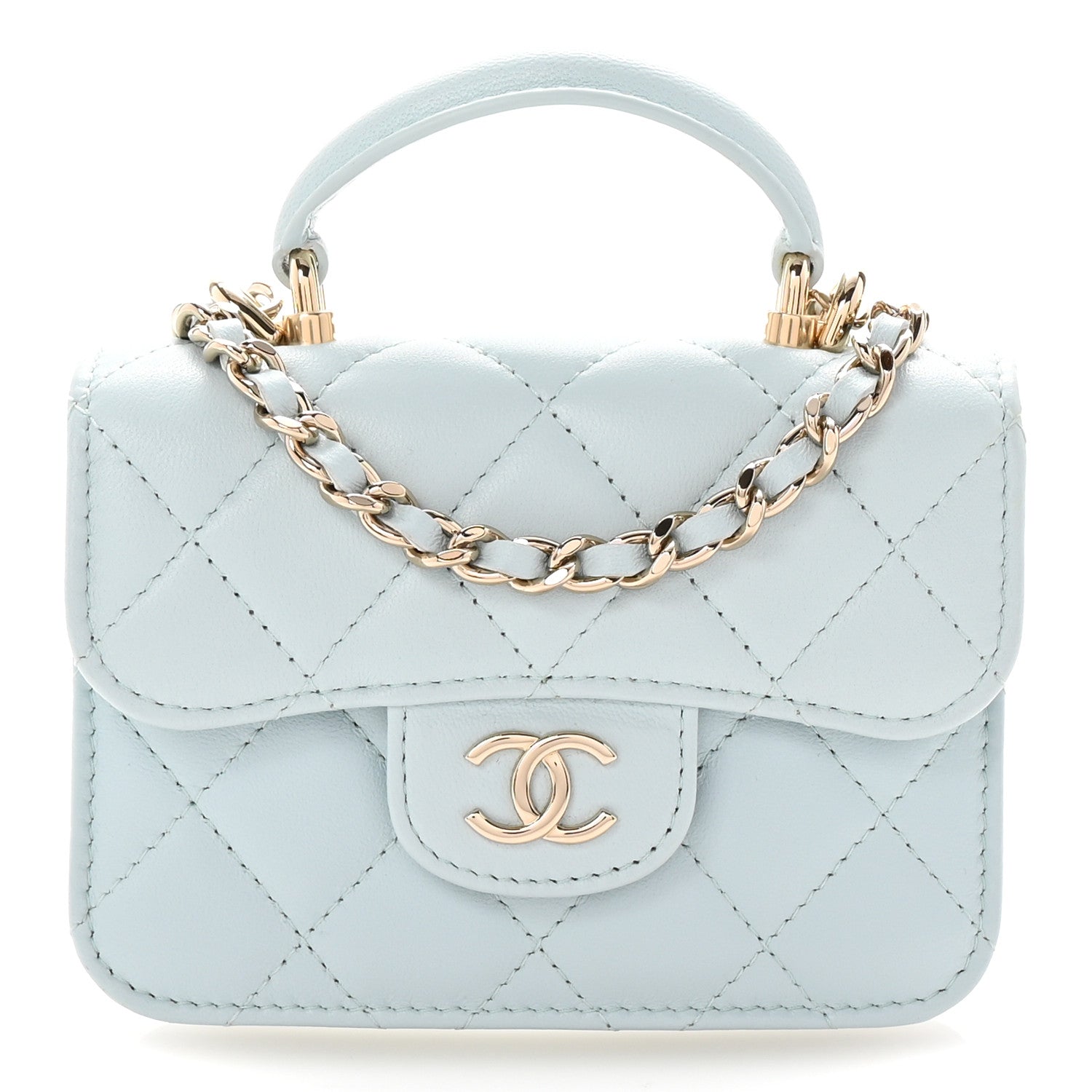 Chanel Lambskin Quilted Top Handle Flap Clutch With Chain Light Blue 1 of 12