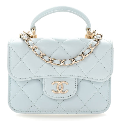 Chanel Lambskin Quilted Top Handle Flap Clutch With Chain Light Blue 1 of 12