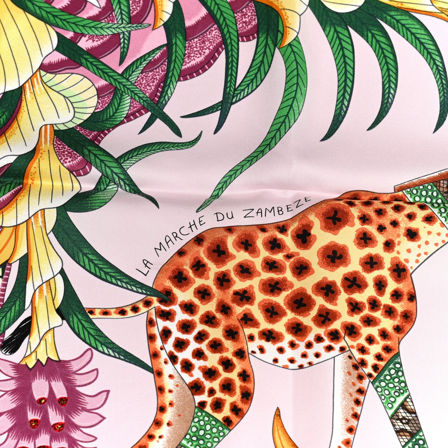 Hermes Silk La Marche Du Zambeze Scarf 90 Rose Pale Vert Jaune 6 of 6