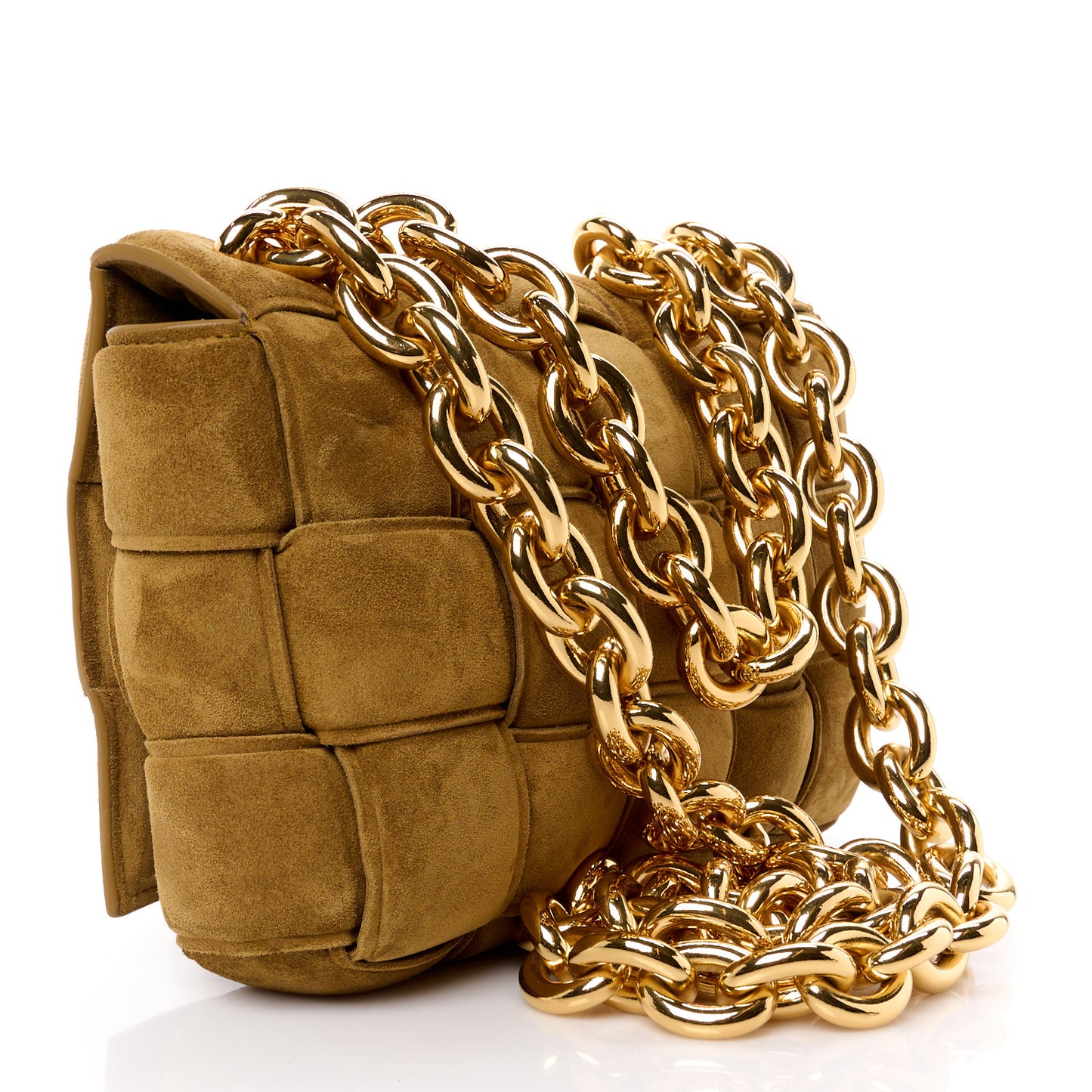 Suede Maxi Intrecciato Padded Chain Cassette Crossbody Bag Taupe