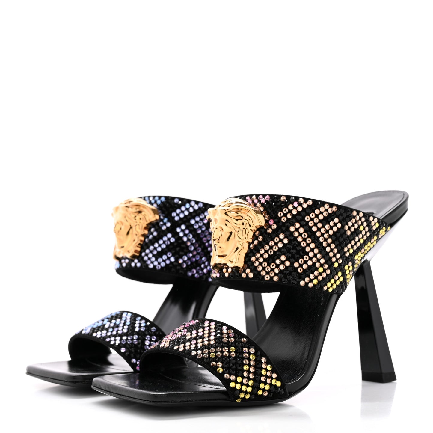 X FENDI Calfskin Crystal Fendace FF Medusa High Heel Mule Sandals 36 Black Multicolor