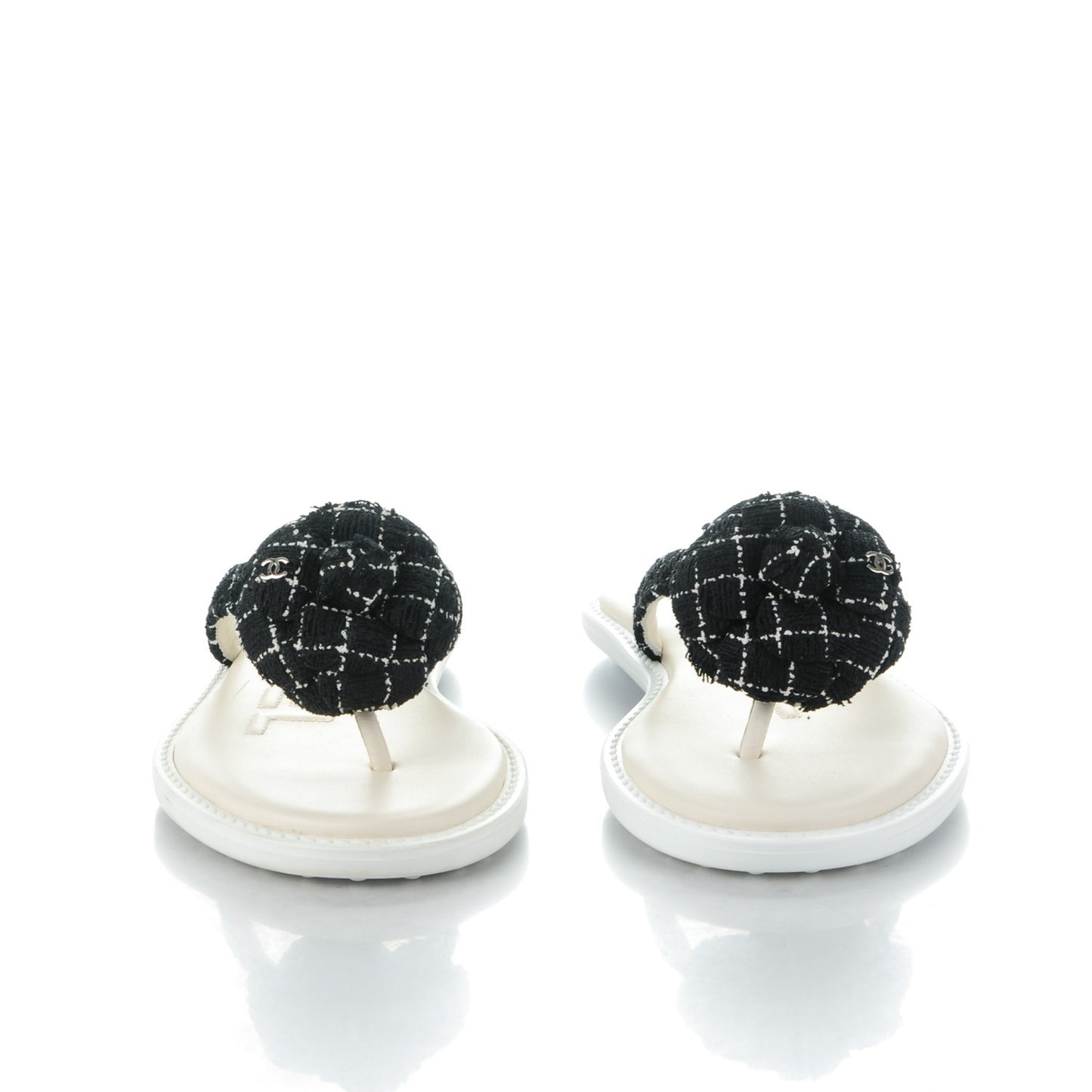 Tweed Quilted Camellia Thong Sandals 35 Black White