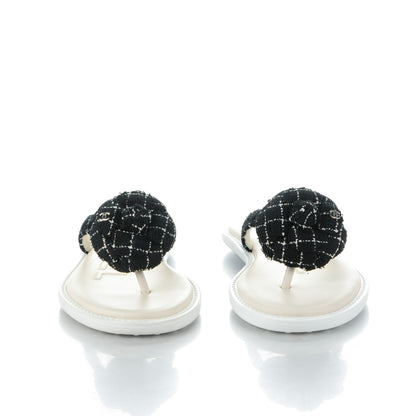 Chanel Tweed Quilted Camellia Thong Sandals 35 Black White 2 of 7