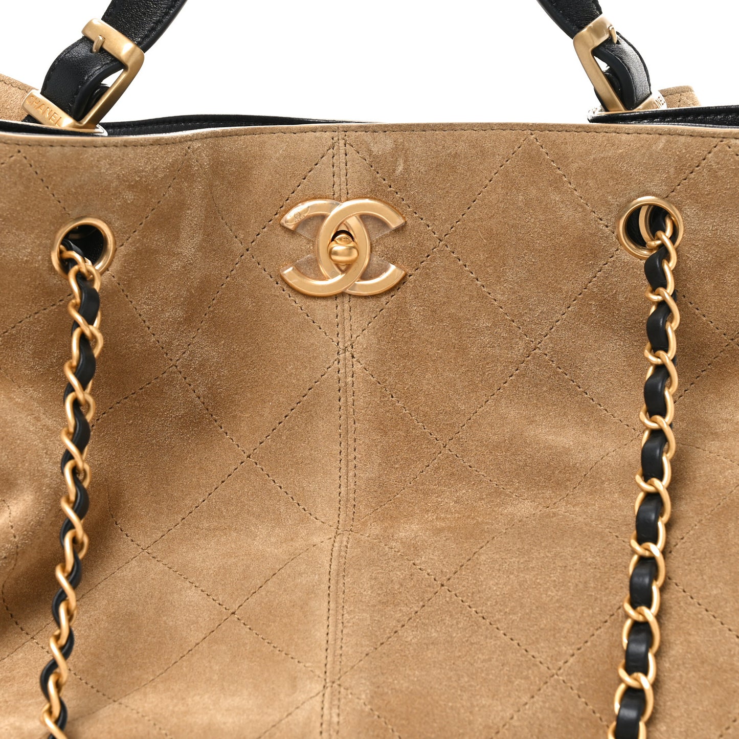 Suede Calfskin Shiny Lambskin Quilted Large Coco Base Shopping Bag Beige Black