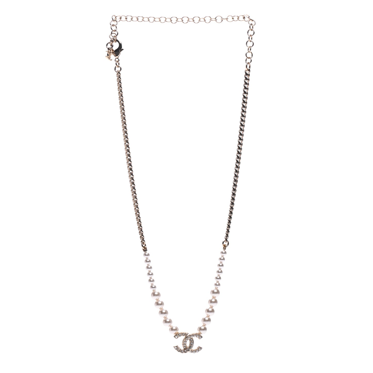 Pearl Crystal Chain CC Necklace Gold