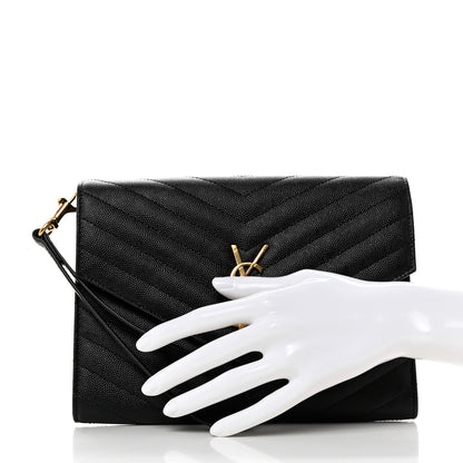 Saint Laurent Grain De Poudre Matelasse Chevron Monogram Envelope Clutch Black 2 of 8