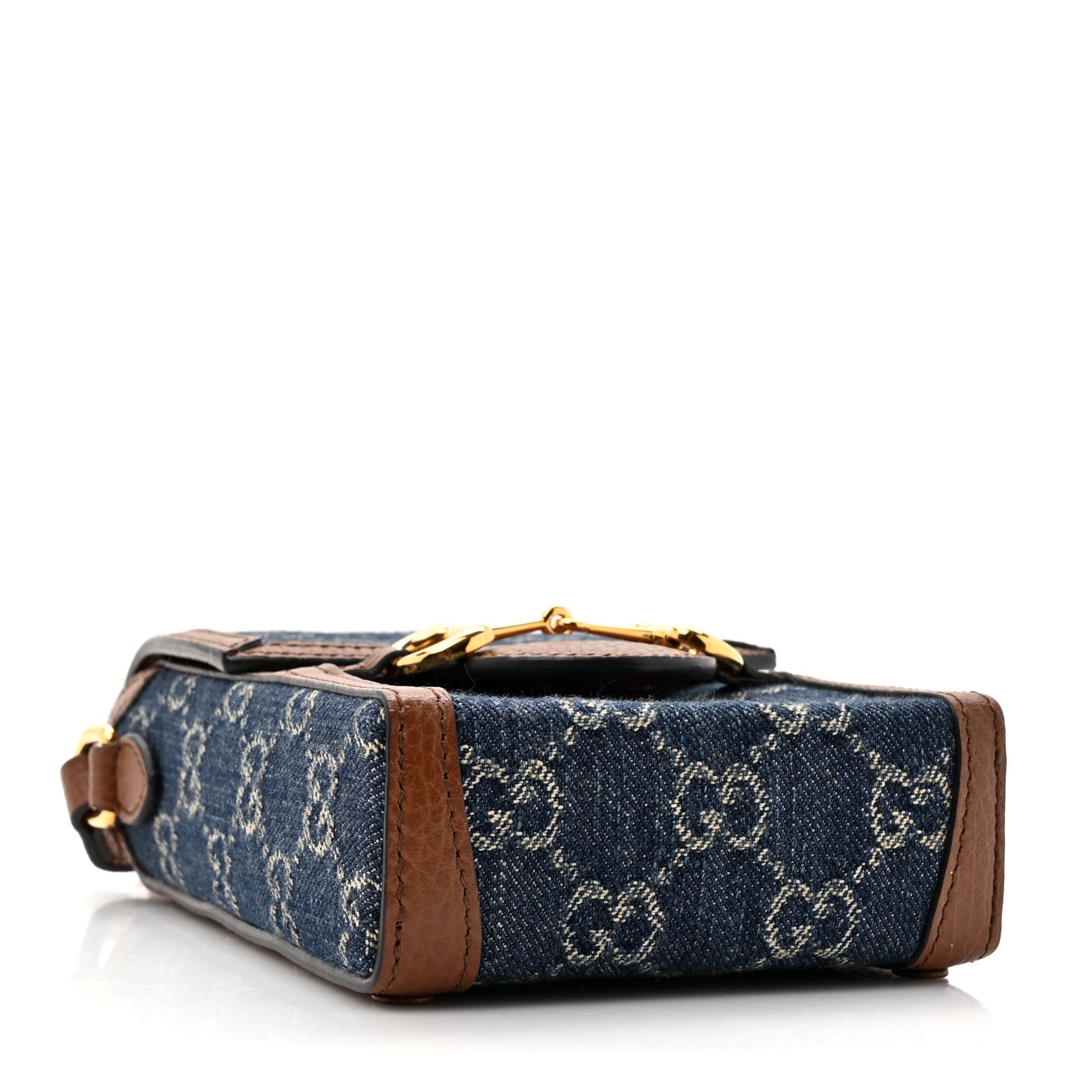 Gucci New Denim GG Monogram Dollar Calfskin Mini Horsebit 1955 Crossbody Bag Blue Tea Cuir Epilog 4 of 11