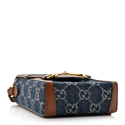 Gucci New Denim GG Monogram Dollar Calfskin Mini Horsebit 1955 Crossbody Bag Blue Tea Cuir Epilog 4 of 11