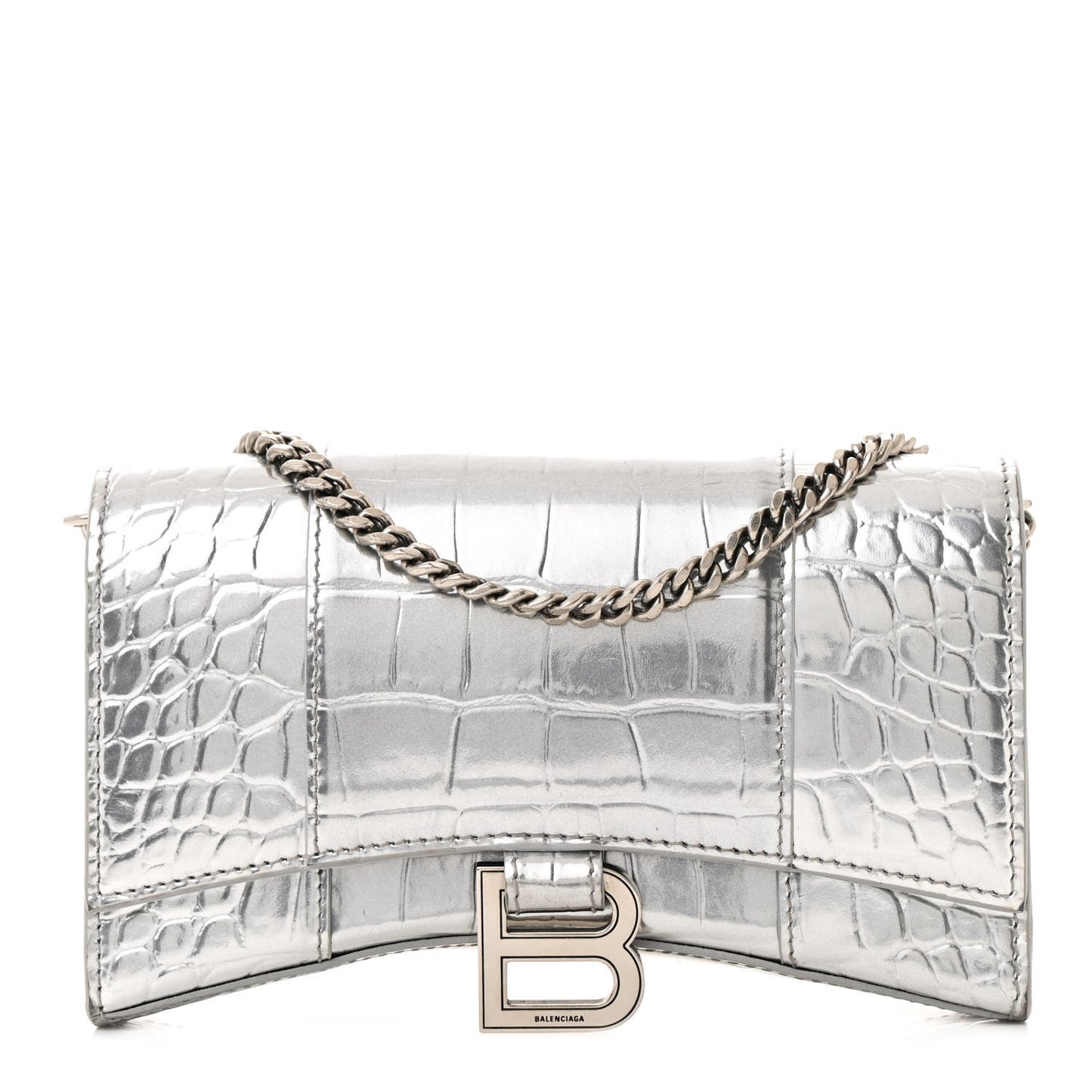 Metallic Calfskin Crocodile Embossed Hourglass Chain Bag Silver