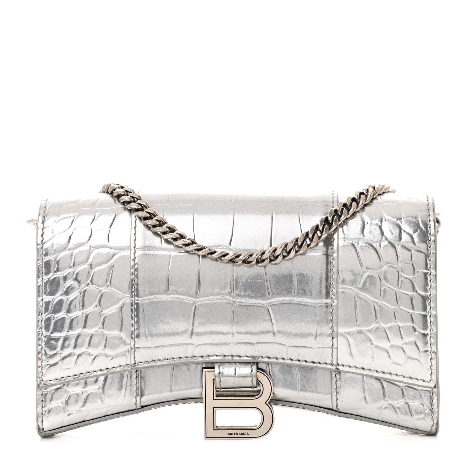 Balenciaga Metallic Calfskin Crocodile Embossed Hourglass Chain Bag Silver 1 of 17