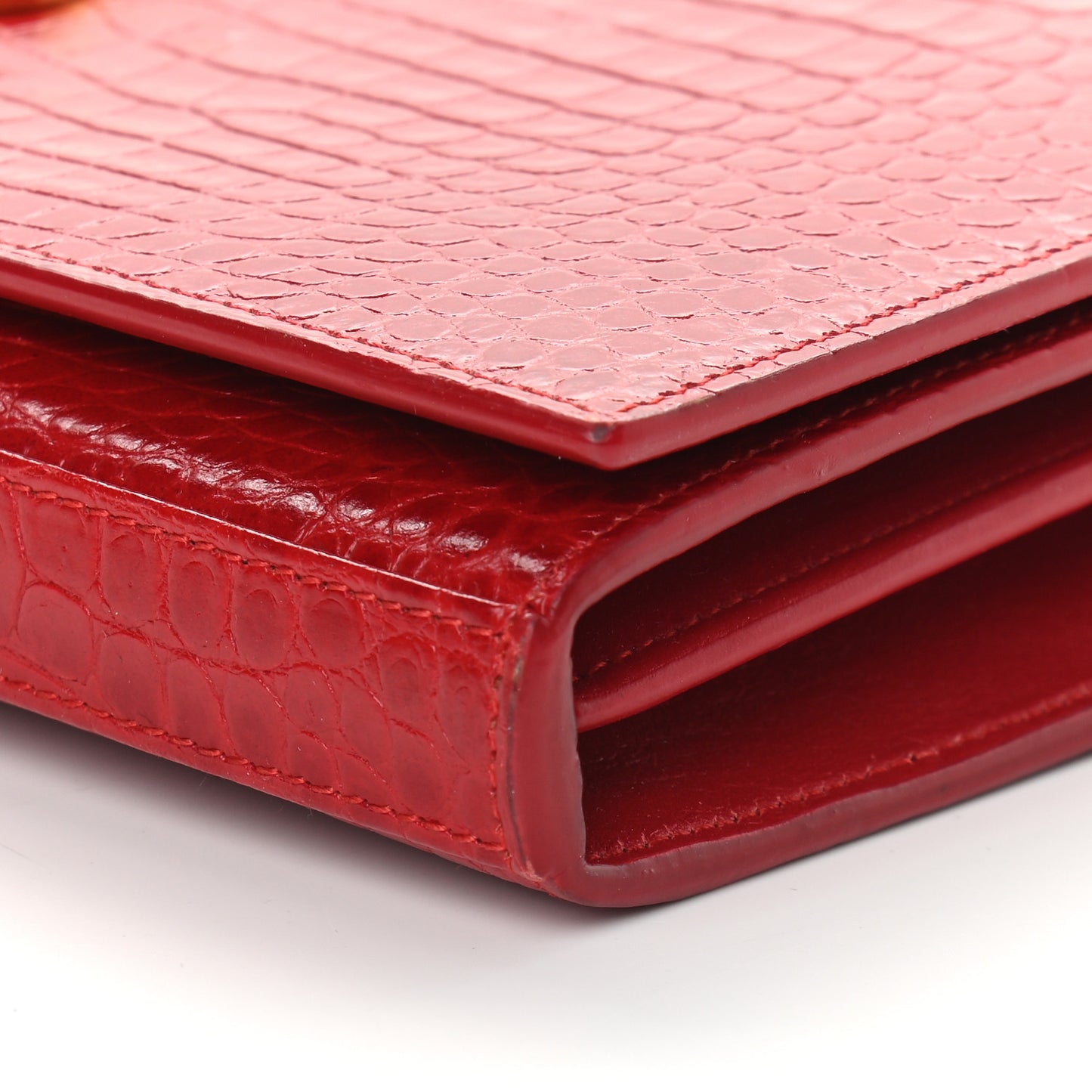 Calfskin Crocodile Embossed Monogram Chain Wallet New Lipstick Red
