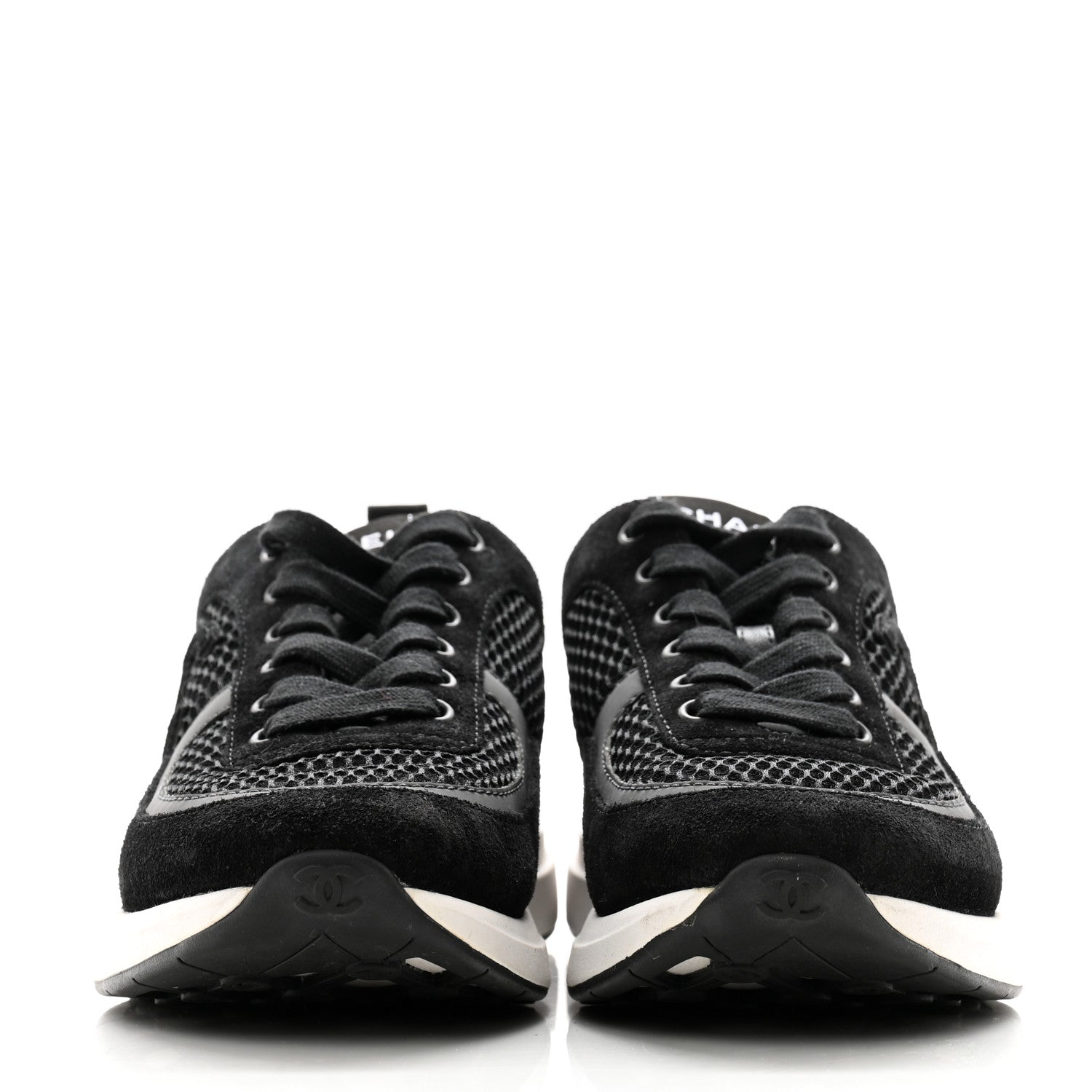 Chanel Calfskin Mesh Lycra Suede Womens Logo Sneakers 37.5 Black 2 of 8