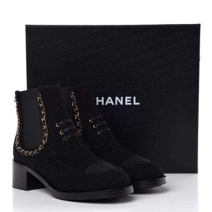 Chanel Tweed Calfskin Chain Lace Up Boots 39.5 Black 10 of 10