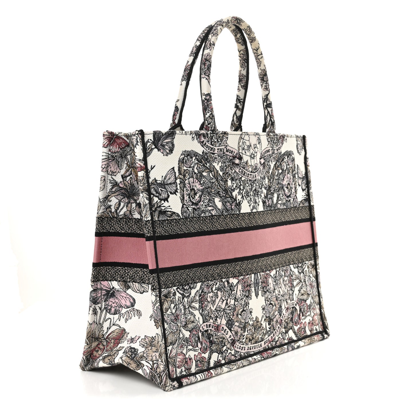 Canvas Embroidered Large Butterfly Around The World Book Tote White Pastel Pink