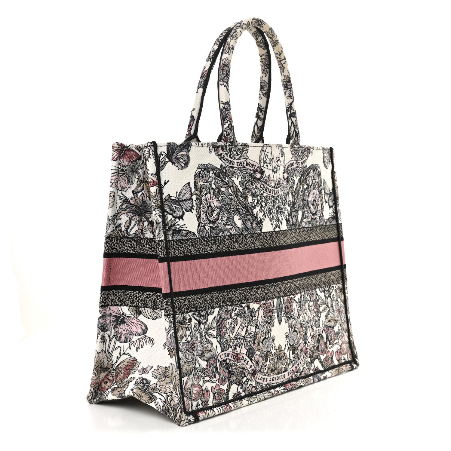 Christian Dior Canvas Embroidered Large Butterfly Around The World Book Tote White Pastel Pink 3 of 12