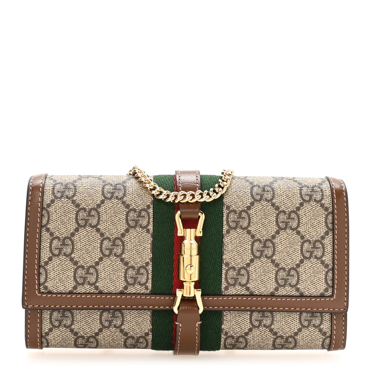 Gucci GG Supreme Monogram Azalea Calfskin Web Jackie 1961 Chain Wallet Beige Ebony Brown Sugar 1 of 11