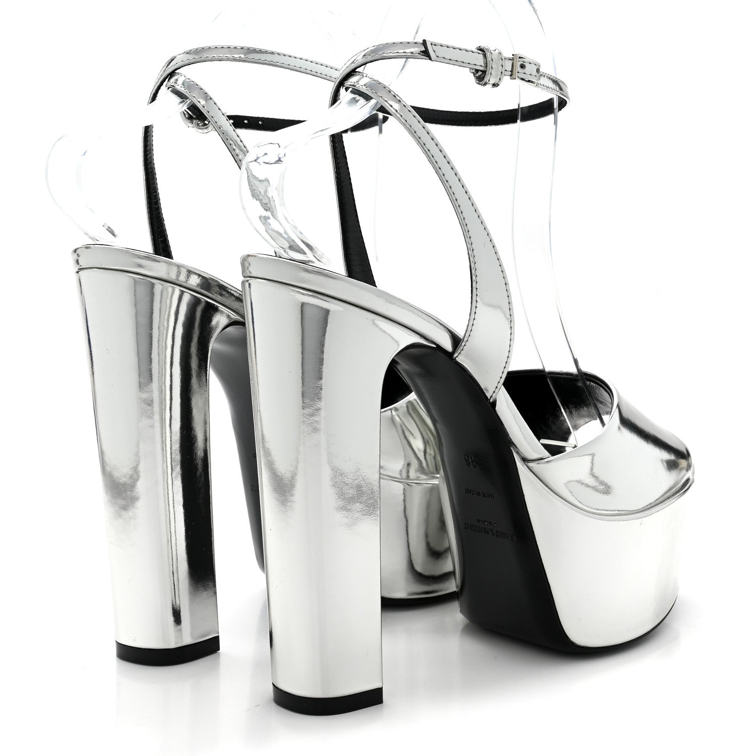 Saint Laurent Metallic Patent Jodie 95 Platform Sandals 38 Silver