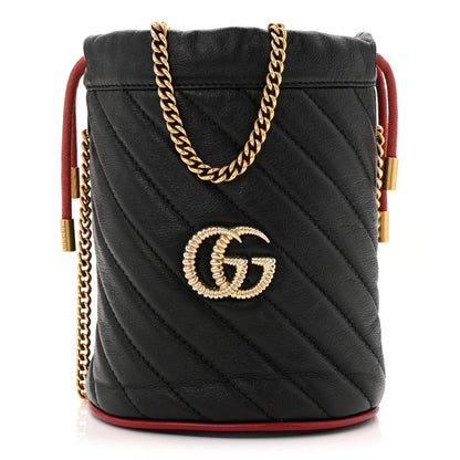 Gucci Vintage Effect Calfskin Matelasse Diagonal Mini Torchon GG Marmont 2.0 Bucket Bag Black Romantic Cherry 1 of 10