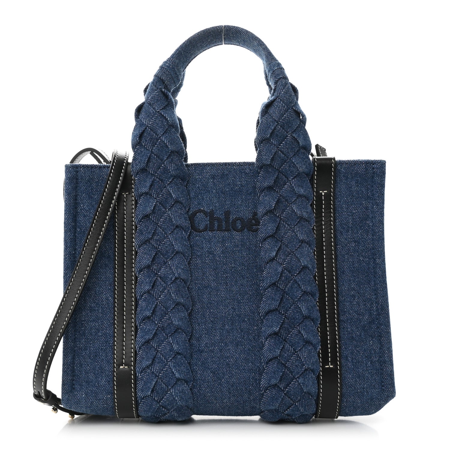 Chloe Denim Calfskin Small Braided Woody Ribbon Tote Blue 1 of 9