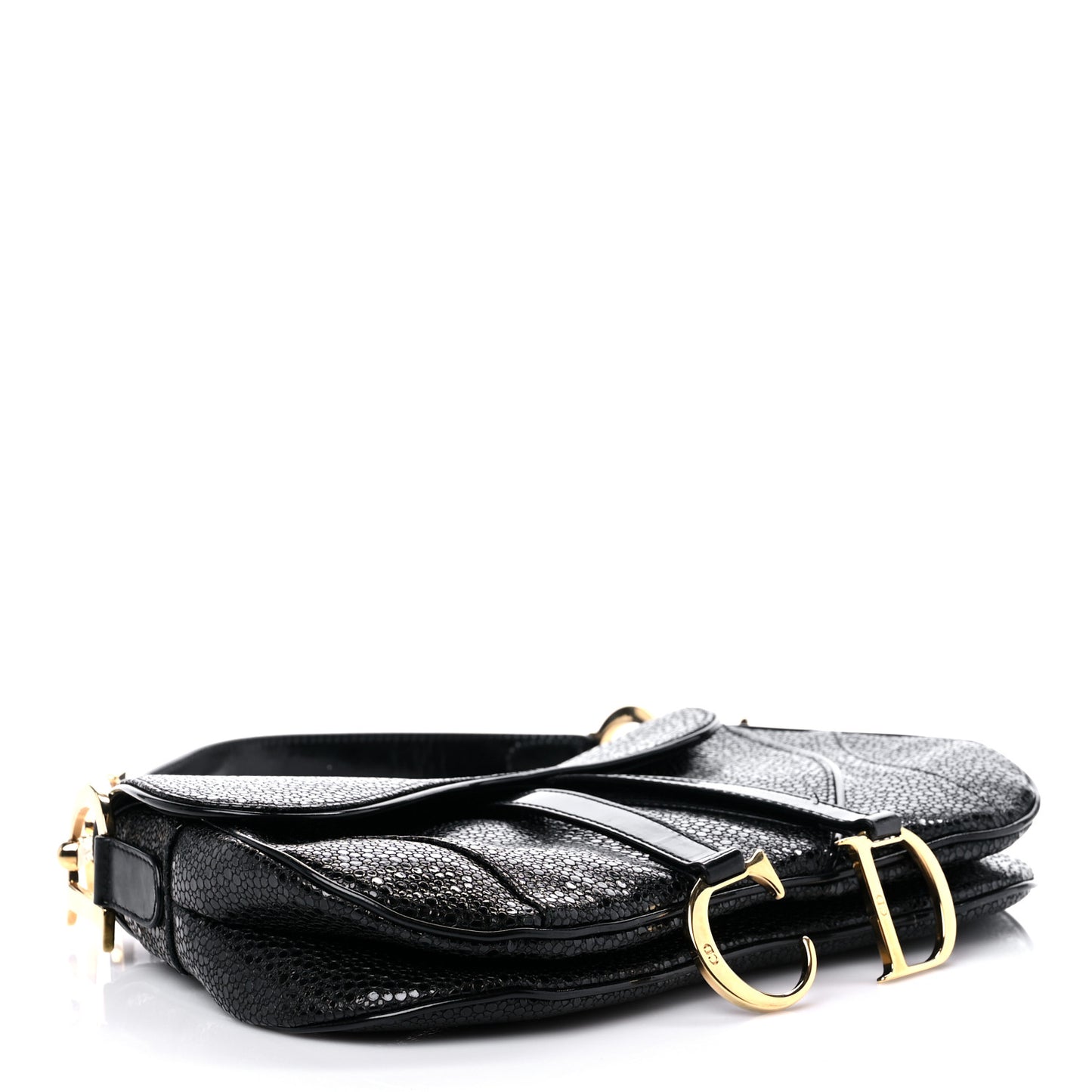 Calfskin Stingray Embossed Double Saddle Bag Black