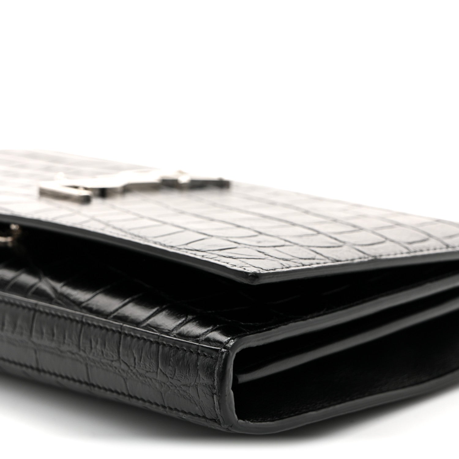 Saint Laurent Calfskin Crocodile Embossed Cassandre Wallet On Chain WOC Black 10 of 10