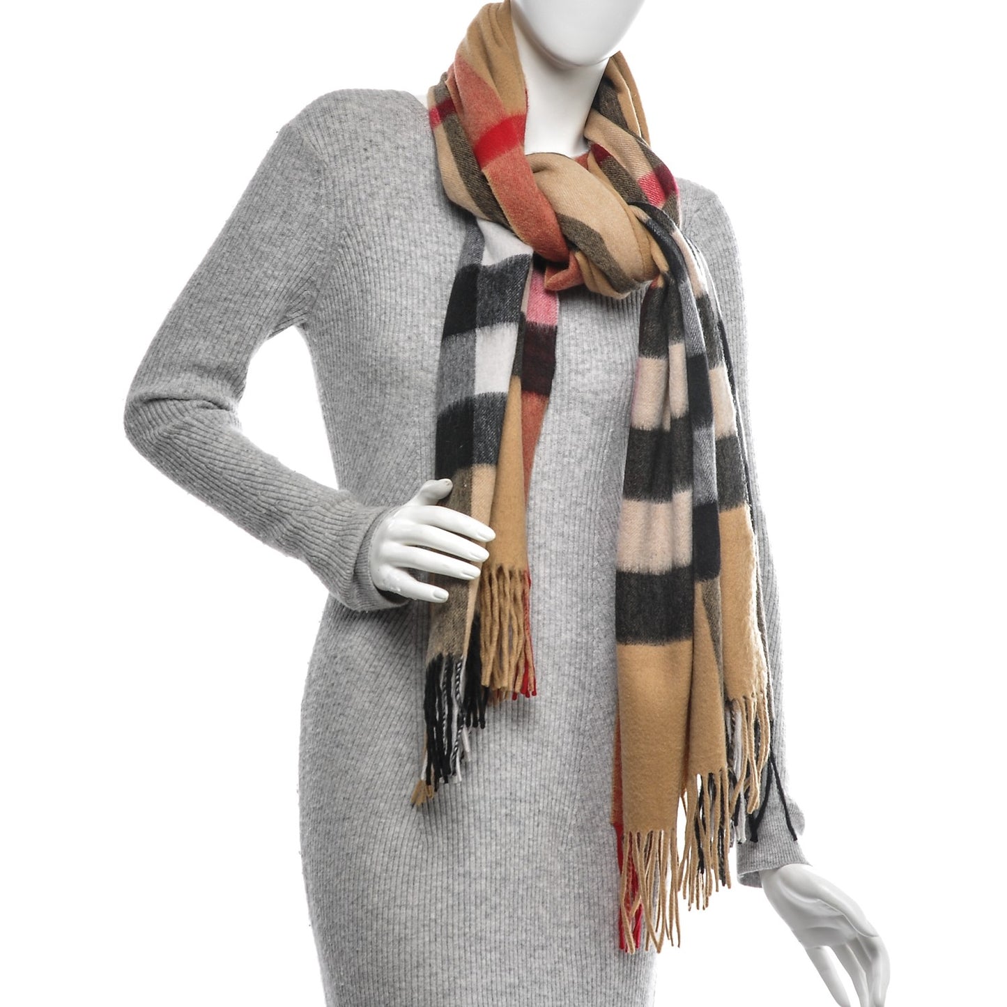 Cashmere Giant Heritage Check Fringe Scarf Camel