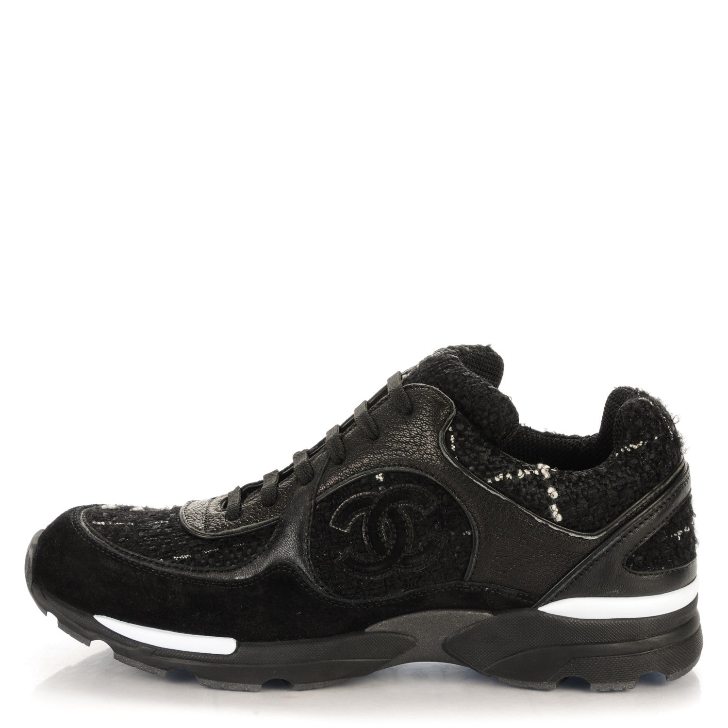 Chanel Tweed Suede Goatskin CC Sneakers 39.5 Black White 1 of 6
