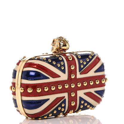 Alexander McQueen Patent Calfskin Studded Britannia Skull Box Clutch Red Blue 3 of 8