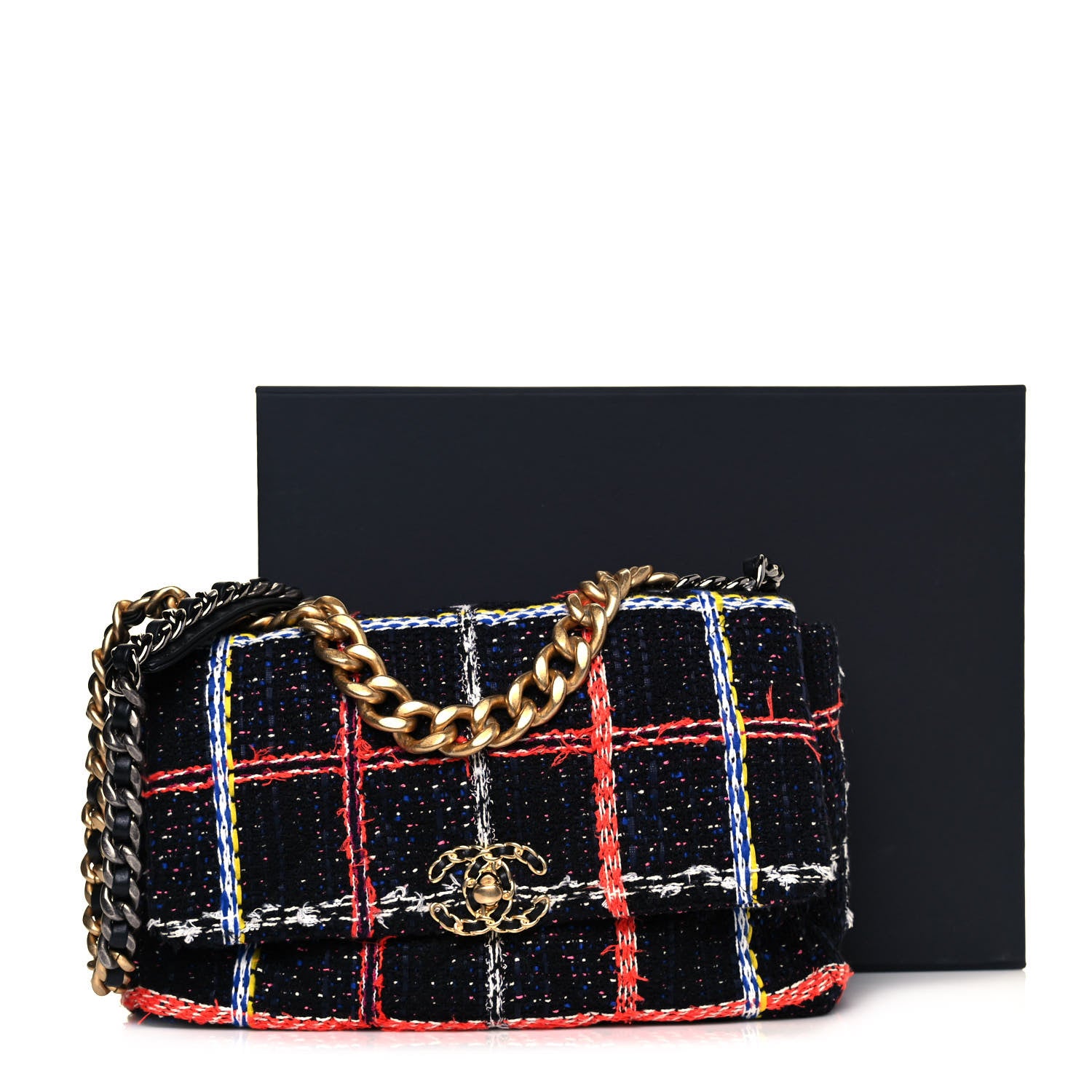 Chanel Tweed Quilted Large Chanel 19 Flap Black Orange Blue 12 of 12