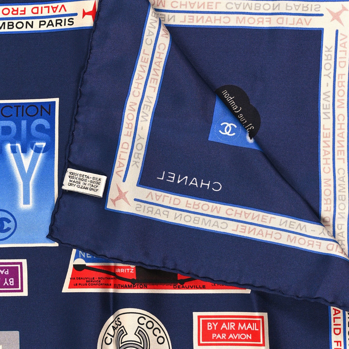 Silk CC Travel Stamps Square Scarf Navy