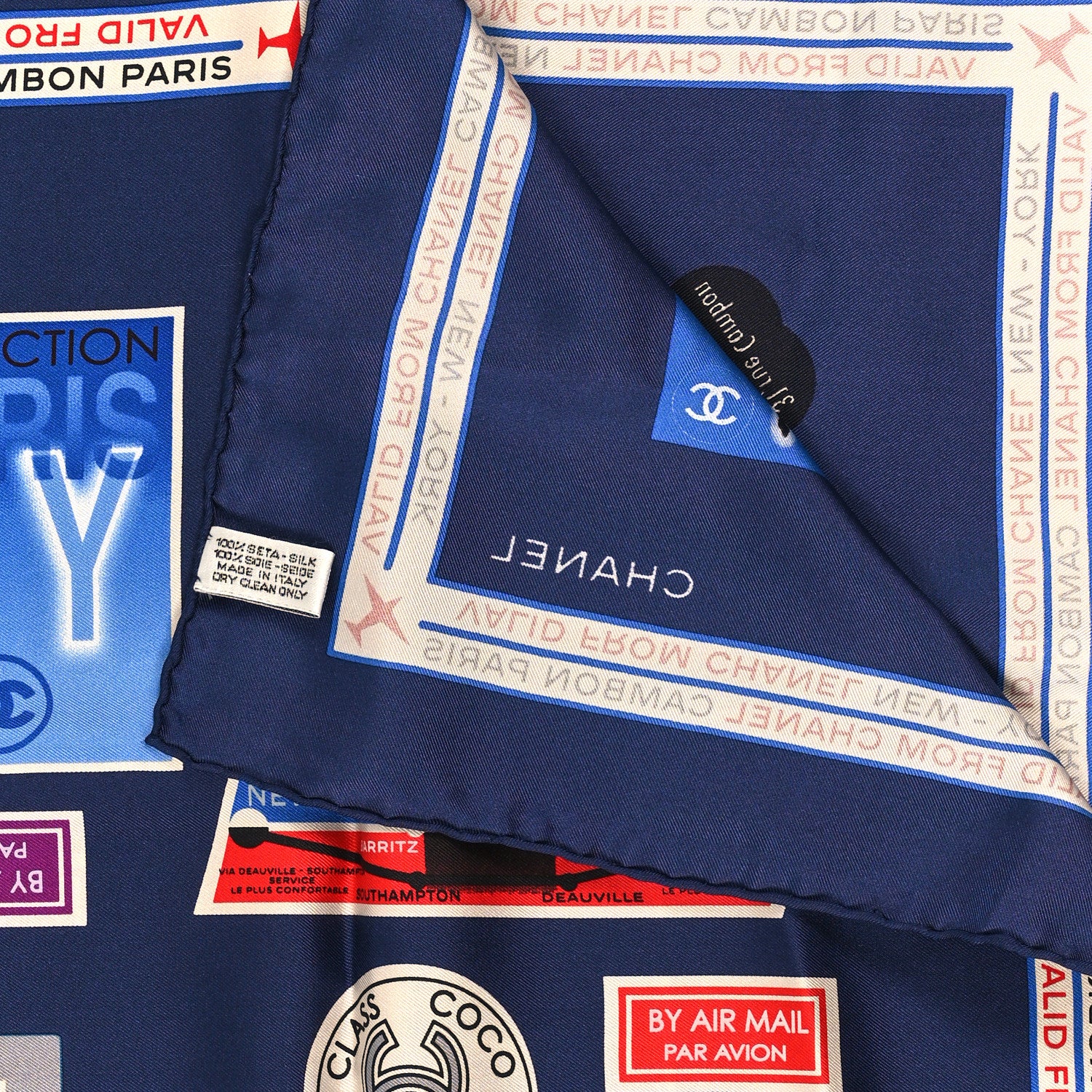 Chanel Silk CC Travel Stamps Square Scarf Navy 3 of 3
