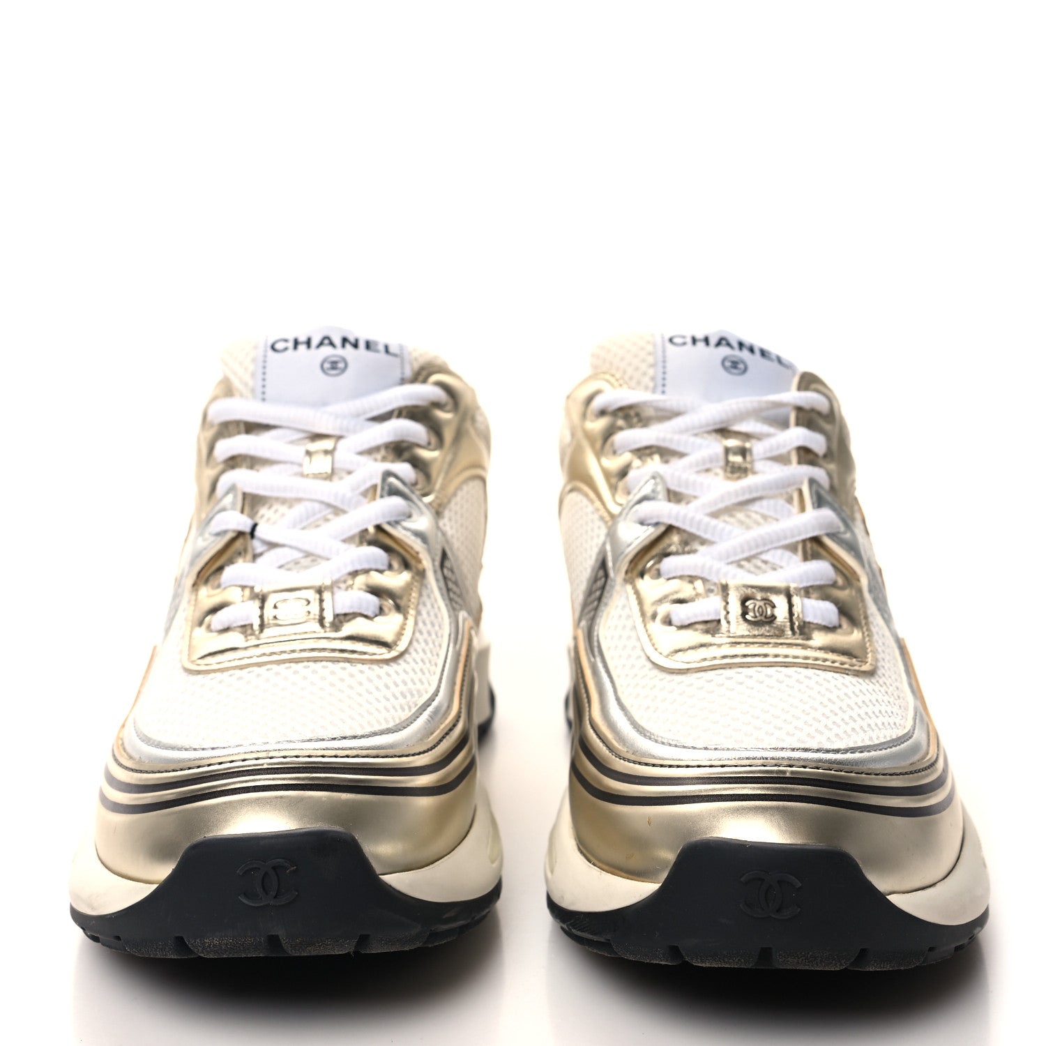 Chanel Fabric Laminated Calfskin Stretch CC Sneakers 39.5 White Gold Silver 2 of 9