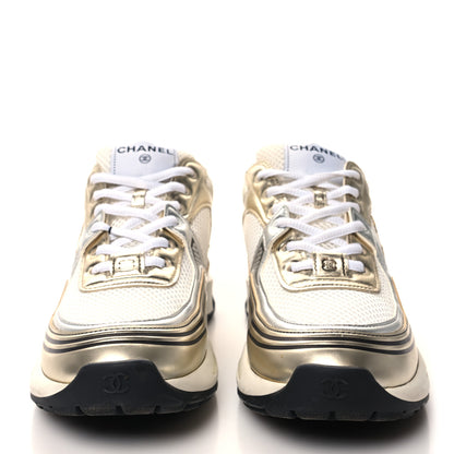 Chanel Fabric Laminated Calfskin Stretch CC Sneakers 39.5 White Gold Silver 2 of 9