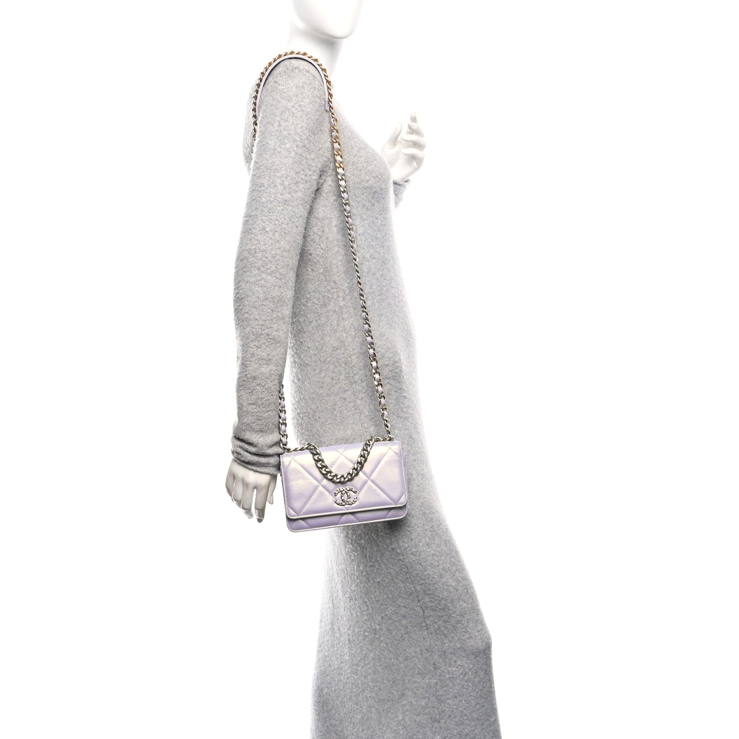 Iridescent Calfskin Quilted Chanel 19 Wallet On Chain WOC Light Purple